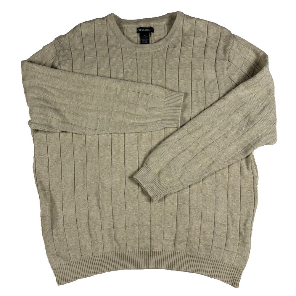 Cherokee Men’s XL 100% Cotton Textured Knit Crewneck Sweater Beige Vintage